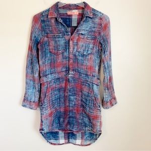BlankNYC Plaid Distressed Collared Flannel Hi Low Tunic Dress Size Large